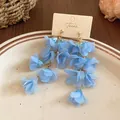 Elegant light blue chiffon flower tassel earrings for beach vacation and Mori style - Style 31 (Silver Pin-Gold) / Blue