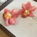 Exquisite pink and yellow orchid flower stud earrings with a glossy finish for vacation - Style 38 (Silver Pin) / Pink
