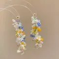 Detailed view of handmade floral beaded earrings with delicate butterfly accents - Multicolor