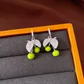 Elegant silver-plated green cherry drop earrings with sparkling zircon leaf accents - Fresh Cherry Apple Style