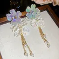 Sweet iridescent chiffon flower drop earrings with dainty gold chains and white pearls - Style 42 (Silver Pin) / White
