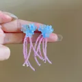 Handcrafted sweet blue chiffon flower earrings with long pink beaded tassels for women - Style 46 (Silver Pin) / Blue Pink