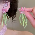 Handmade Mori-style floral drop earrings with pink petals and green beaded tassels - 47# Silver Needle - Rose Red - Green