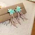 Elegant mint green flower drop earrings with pink beaded tassels in sweet vacation style - Style 49 (Silver Pin) / Pink & Blue
