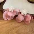 Elegant pink chiffon flower earrings featuring a delicate white beaded pearl center design - Style 51 (Silver Pin) / Pink