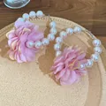 Elegant pink chiffon flower hoop earrings with white pearls for summer resort style - Style 53 (Silver Pin) / Pink