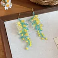 Exquisite handmade yellow and teal beaded flower drop earrings for beach vacation style - 55# Silver Needle - Eco-friendly - Yellow - Green