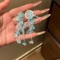 Elegant light blue floral beaded tassel earrings perfect for summer beach vacations - Style 59 (Silver Pin) / Blue