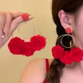 Exquisite red chiffon flower drop earrings featuring golden hoops and raffia stud details - 63# Silver Earring Post - Red