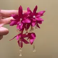 Elegant magenta chiffon flower dangle earrings with crystal drops for a vacation look. - Style 72 (Silver Pin) / Rose Red