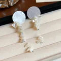 Primer plano de pendientes estilo veraniego con fragmentos de concha en un joyero de tela. - Estilo Redondo Irregular (HE31738) / Blanco