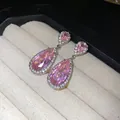 Primo piano di eleganti orecchini a goccia in zircone rosa con alone di pietre e cofanetto. - Rosa