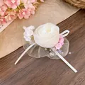 Elegant white chiffon rose hair clip with ribbon and pearls for women hair decoration - White Pink Style (HH9850)