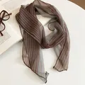 Elegant Korean style minimalist striped skinny scarf in brown and blue sheer fabric for women - Geometric Blue / Coffee Blue