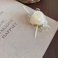 Elegant cream chiffon flower duckbill hair clip with delicate pearl beads and lace details - White Blue Style (HH9850)