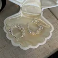 Detailed shot of elegant French luxury hoop earrings with multi-colored pearls and zircon - Coffee Gray