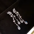 Vista dettagliata di eleganti orecchini pendenti con nappine di cristallo su velluto nero premium - Stile Perno in Argento / Argento