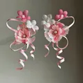 Elegant pink chiffon flower hair clips with curly ribbons for Hanfu hair accessories - Duckbill Clip (1 Pair) / Pink