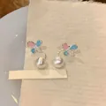 Elegant colorful butterfly enamel stud earrings with zircon and dangling pearl drops - Butterfly Tassel Stud / Silver Earring Post - Colorful
