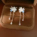 Dettaglio ravvicinato di orecchini a fiore con nappe e zirconi in una scatola di velluto - Argento
