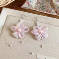 Elegant pink chiffon flower ear hooks with delicate pearls and wire tassels detail - Chiffon Flower Long Style (HE32172) / Pink Ear Hook