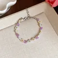 Charming handmade colorful flower seed bead bracelet with adjustable stainless steel chain - Bracelet / White-Purple