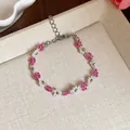 Delicate handmade pink and white floral seed bead bracelet with stainless steel chain - Bracelet / White-Rose Red