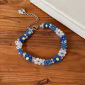Korean style stainless steel beaded flower bracelet with blue and white daisy charms - Bracelet / Blue-White