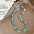 Korean style handmade blue and white flower beaded necklace with stainless steel clasp - Necklace / White-Blue