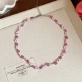Handmade beaded flower choker necklace with pink and white petals and gold centers - Necklace / White-Rose Red