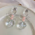 Primer plano detallado de pendientes de resina transparente con pequeñas rosas rosas - Estilo Flor con Lazo / Rosa transparente