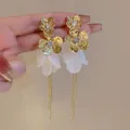 Elegant golden flower petal tassel earrings with sparkling zircon inlay for women - Gold