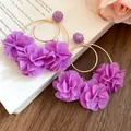 Elegant purple chiffon flower drop earrings with golden double hoops for vacation - Floral (HE32076) / One Pair / Purple