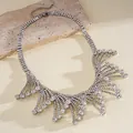 Elegant silver rhinestone fringe necklace with hollow lace design for evening wear - Necklace (HN12521) / Silver
