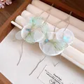 Close-up of chiffon butterfly earrings with shell flowers and long tassel chains - Ear Hook - Green