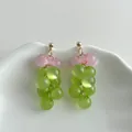 Close-up of translucent grape cluster drop earrings with pink and green beads - Ice Transparent Grape Cluster Style (HE33912) / Pink and Green