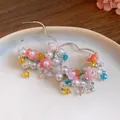 Detailed view of silver needle earrings featuring pearls and colorful resin flower pendants - Silver Needle-Silver-Colorful