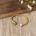 Elegant 18k gold plated twisted bangle featuring a turquoise stone and pearl detail - Twisted Open Pearl Style / Bracelet-Gold (Real Gold Plated)