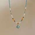 Bohemian beaded necklace with turquoise-style four-leaf clover pendant - Bohemian Clover Style / Necklace - Gold - Blue