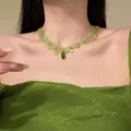Elegant French style green glass beaded choker necklace with water drop pendants - Teardrop Charm Style / Green