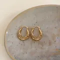 Detailed macro view of gold-plated twisted geometric hoop earrings with zircon stones - Twisted Hollow Geometric Style (HE32351) / Gold