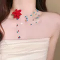 Elegant French style double-layer clavicle chain with red flower and glass beads - 3D Flower Style / Blue-Red
