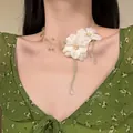 Elegant French style necklace featuring double white fabric flowers and green glass beads - Satin Fabric Flower / Gold-Blue-Green-Beige