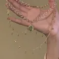 Elegant French style double-layer beaded flower necklace with green gemstone pendant for women - Oval Gemstone / Gold Green