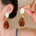 Retro Maillard style resin geometric drop earrings featuring amber and gold accents - Gold White and Coffee Patchwork