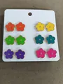 Colorful enamel flower stud earrings set with six vibrant pairs on a white card. - Style 2 Multicolor