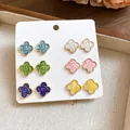 Set of 6 pairs multi-color clover flower enamel stud earrings displayed on a white card - Style 5 Multicolor