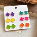 Vibrant set of six colorful enamel four-leaf clover stud earrings in elegant gold finish - Style 6 Multicolor