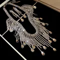 Stunning close-up view of silver rhinestone tassel necklace featuring teardrop crystal pendants - Necklace And Earrings 2-Piece Set (Silver)