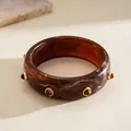 Vintage marbled brown resin bangle with round rivet studs for women's fashion jewelry accessory - Dark Coffee